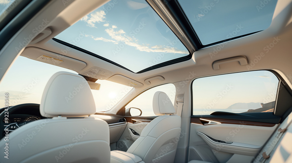 Interior of a modern car with panoramic sunroof, light-colored seats, and a view of mountains and sunset sky through the windows. Interior of a modern car with panoramic sunroof, light-colored seats, and a view of mountains and sunset sky through the windows.