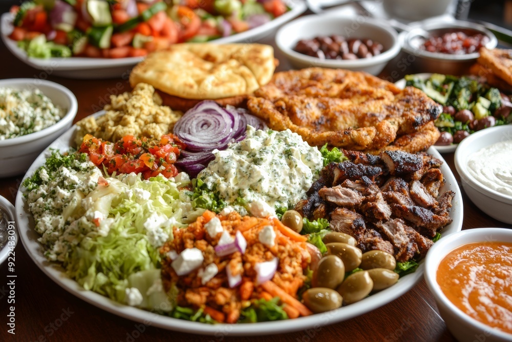 table setting featuring a gyros or gyro platter, with various fillings like lamb, chicken, and falafel, alongside side dishes like Greek salad and olives table setting featuring a gyros or gyro platter, with various fillings like lamb, chicken, and falafel, alongside side dishes like Greek salad and olives