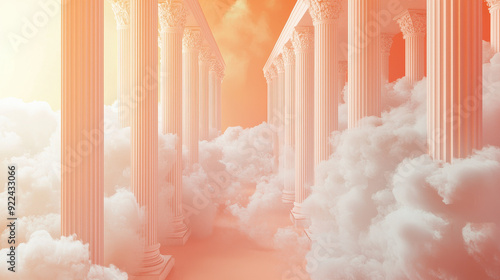 A surreal scene with classical columns and clouds illuminated by orange sunlight, creating a dreamlike atmosphere that blends ancient architecture with heavenly elements.