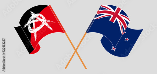 Crossed and waving flags of Anarchy and New Zealand