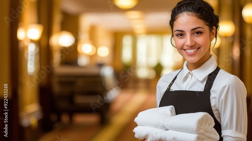 A smiling hotel maid holds a stack of fresh white towels, standing in a warmly lit, elegant hallway, ready to assist guests. photo