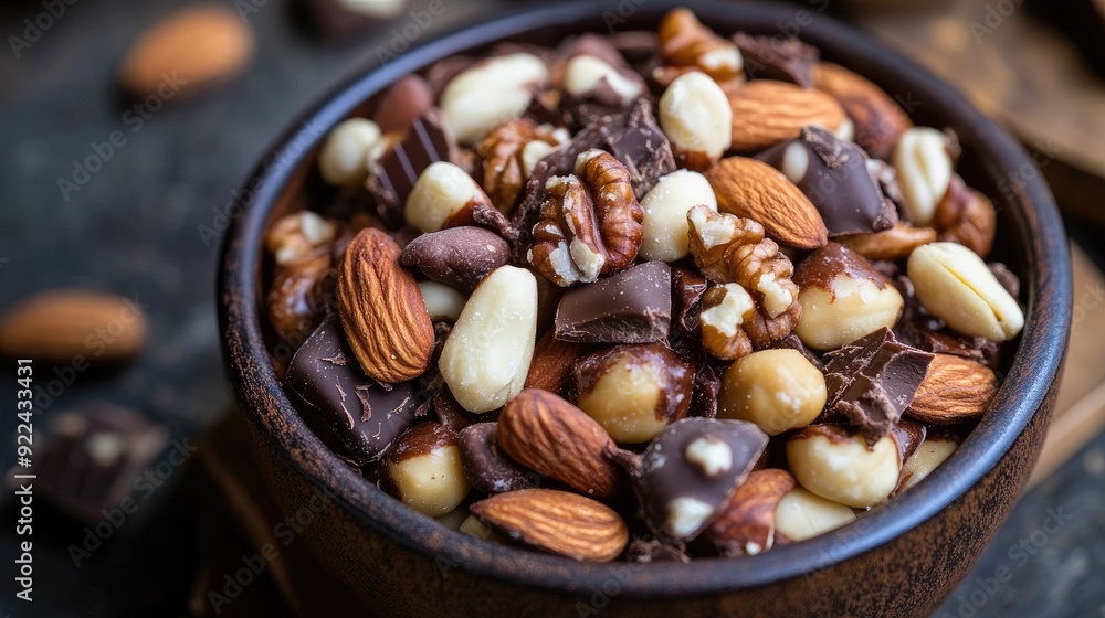 Close-up of a bowl of mixed nuts, including chocolate and white varieties, offering a visually appealing and tasty treat. Close-up of a bowl of mixed nuts, including chocolate and white varieties, offering a visually appealing and tasty treat.