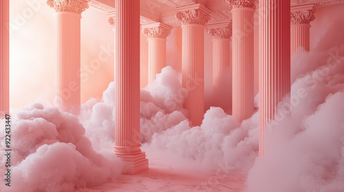 A mystical image showcasing pink-hued classical columns nestled in soft clouds, exuding a serene and ethereal ambiance reminiscent of a heavenly sanctuary.