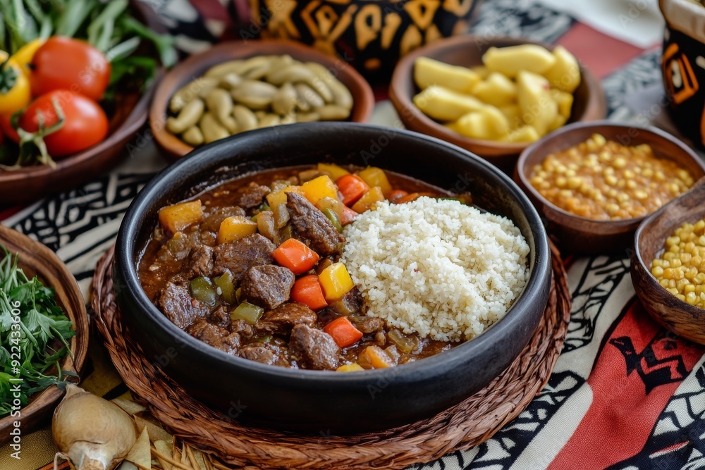 traditional Swazi meal prepared for Somhlolo Day, showcasing dishes like beef stew, maize porridge, and vegetables, presented on a beautifully set table with cultural elements traditional Swazi meal prepared for Somhlolo Day, showcasing dishes like beef stew, maize porridge, and vegetables, presented on a beautifully set table with cultural elements