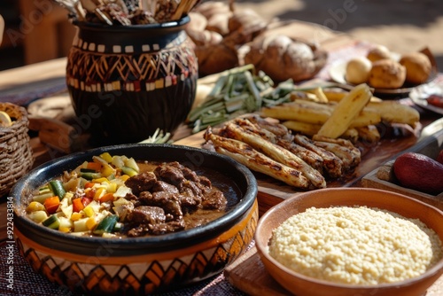 traditional Swazi meal prepared for Somhlolo Day, showcasing dishes like beef stew, maize porridge, and vegetables, presented on a beautifully set table with cultural elements photo