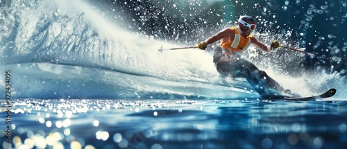 Skier in orange attire races down snowy slope at dusk, creating dynamic and exhilarating scene with dramatic lighting effects and fast-paced action.