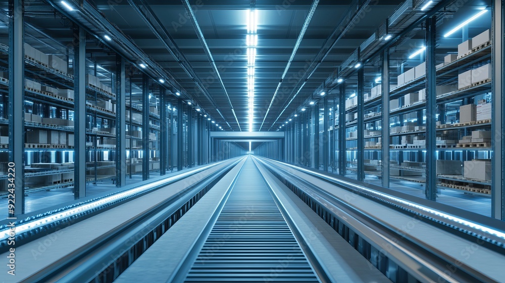 Empty conveyor belt point of view, empty shelves in large shipping warehouse, logistics business. Bright lit, clean factory building, ready to be put in operation. Digitally generated image Empty conveyor belt point of view, empty shelves in large shipping warehouse, logistics business. Bright lit, clean factory building, ready to be put in operation. Digitally generated image