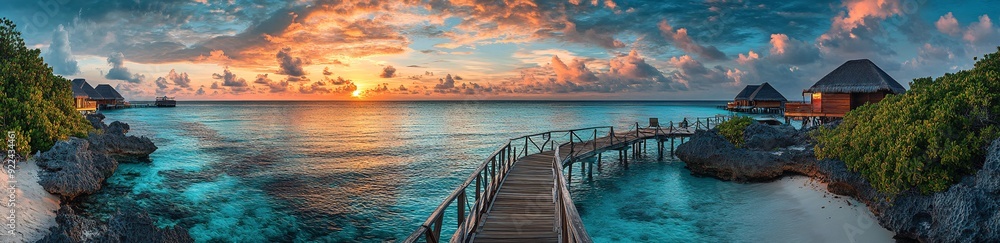 Obraz premium Wooden walkway leading to overwater bungalows at sunset, tropical island scenery with crystal-clear ocean and vibrant sky
