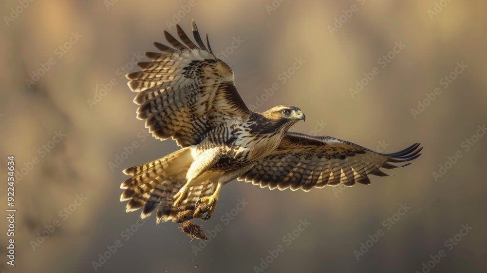 Obraz premium A striking image of a Red-tailed Hawk in flight, showcasing its colors and sharp features in the sunlight against a blurred field backdrop, exuding strength and predatory focus.