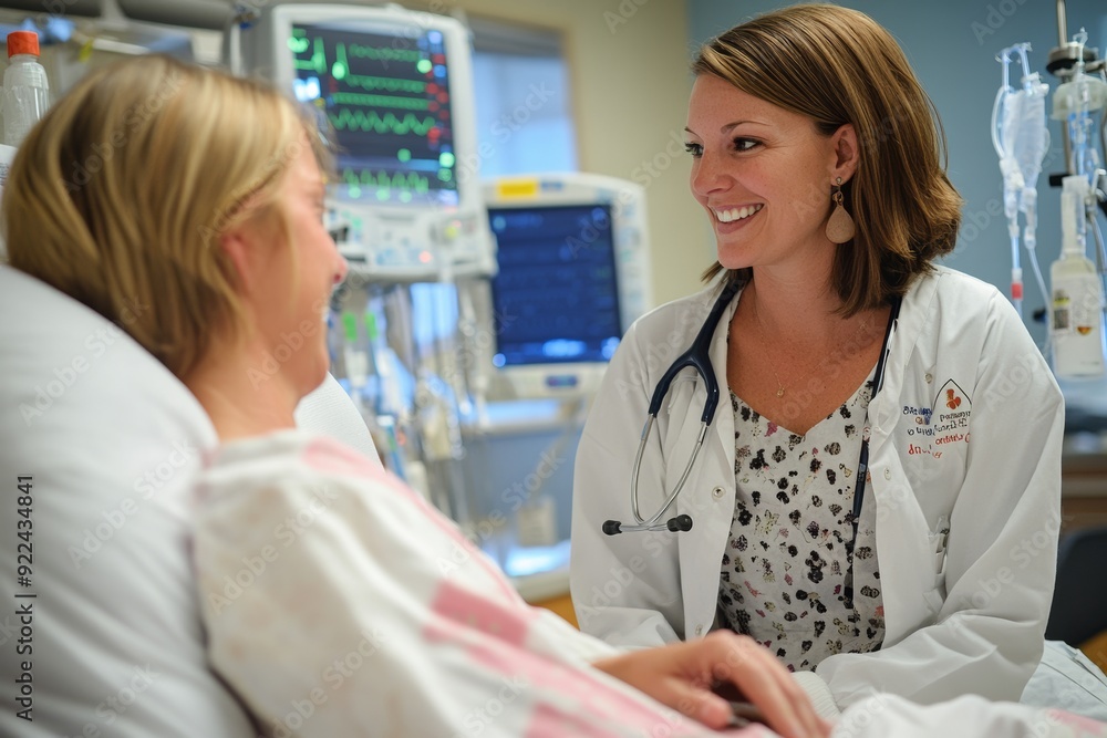 Obraz premium oncology nurse in a hospital setting, compassionately interacting with a patient, with a focus on their supportive role and care, including elements like medical equipment and a calming environment