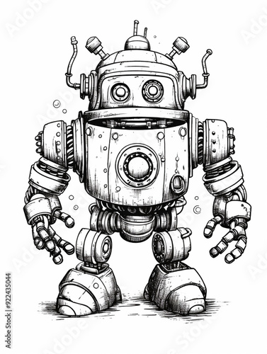 Coloring book page cover old and rusty robot carton