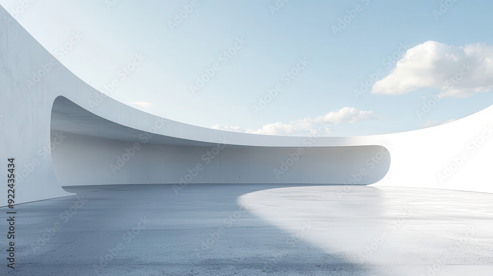A modern architectural space featuring smoothly curved white concrete walls under a clear blue sky, creating a sense of openness and minimalism. A modern architectural space featuring smoothly curved white concrete walls under a clear blue sky, creating a sense of openness and minimalism.