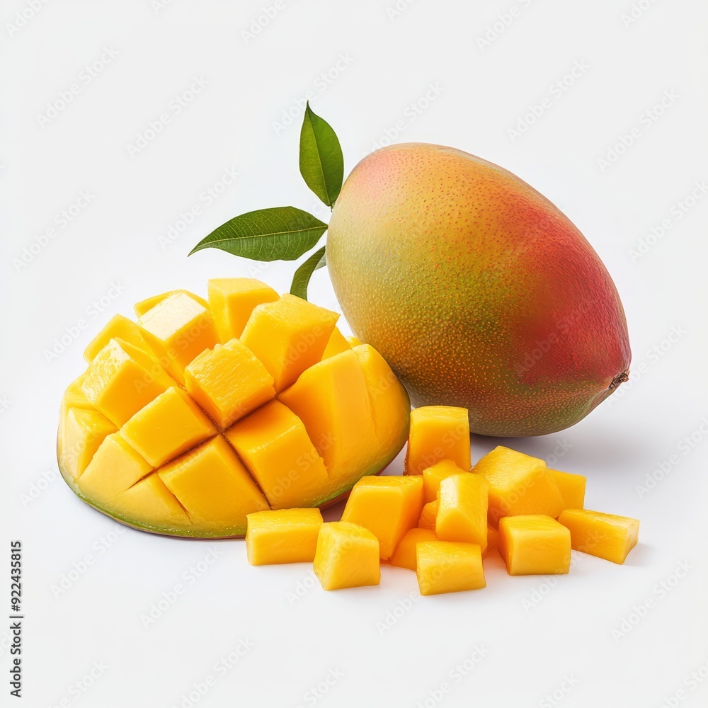 Close up of Mango fruit with mango cubes and slices on an isolated white background Close up of Mango fruit with mango cubes and slices on an isolated white background