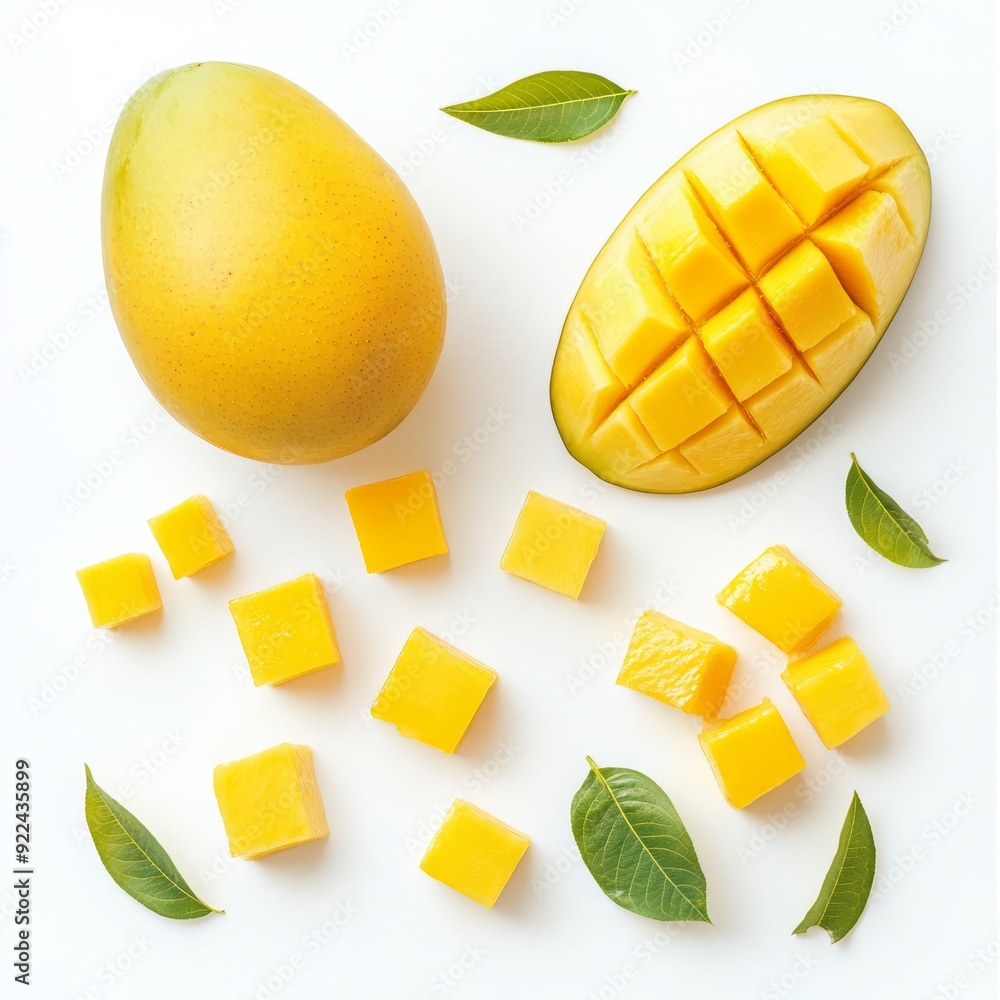 Close up of Mango fruit with mango cubes and slices on an isolated white background