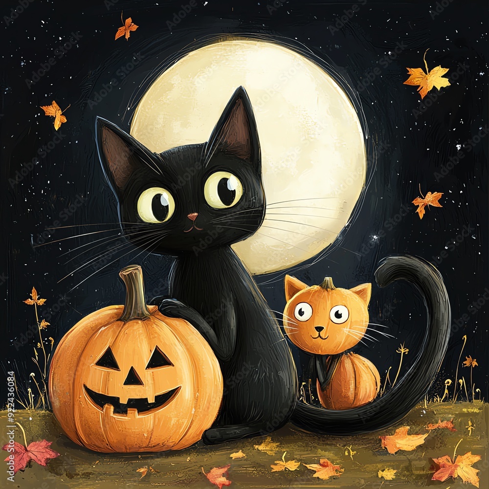 A whimsical scene featuring two playful cats beside a carved pumpkin under a full moon, perfect for Halloween themes. A whimsical scene featuring two playful cats beside a carved pumpkin under a full moon, perfect for Halloween themes.