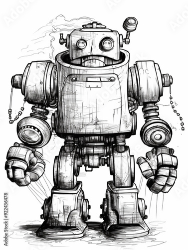 Coloring book page cover old and rusty robot carton