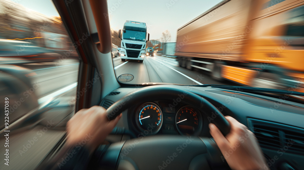 View from inside a moving car on a highway, with hands on the steering wheel, dashboard visible, surrounded by other vehicles including large trucks. View from inside a moving car on a highway, with hands on the steering wheel, dashboard visible, surrounded by other vehicles including large trucks.