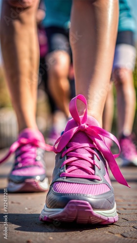 Close-Up of Pink Ribbon on Running Shoe at Breast Cancer Awareness Event