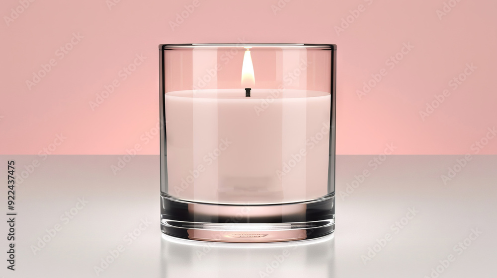 A candle illuminates a clear glass vessel resting on a stark white background A candle illuminates a clear glass vessel resting on a stark white background