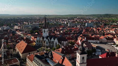Aerial footage at Sibiu old town on a suny afternoon.