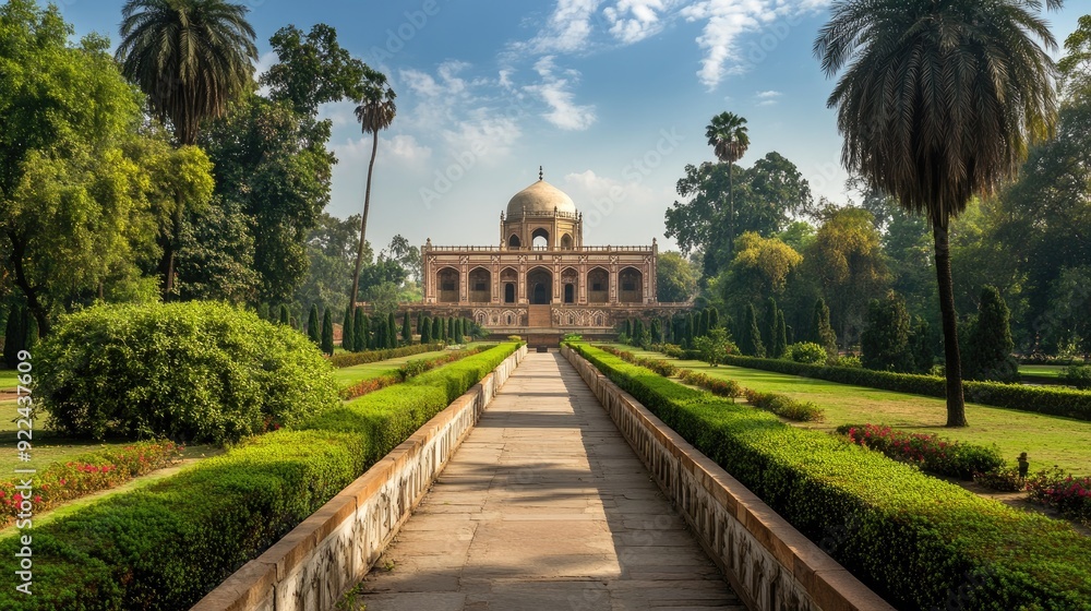 Humayun's Tomb in Delhi: A wide shot of Humayun's Tomb in Delhi, showcasing its Mughal architecture and lush gardens.