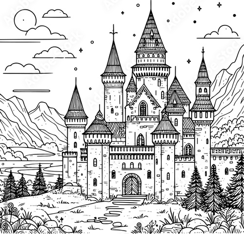 Drawn detailed coloring of an ancient castle with towers in a landscape