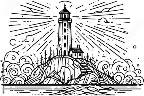 etailed seascape with a stylish lighthouse coloring photo