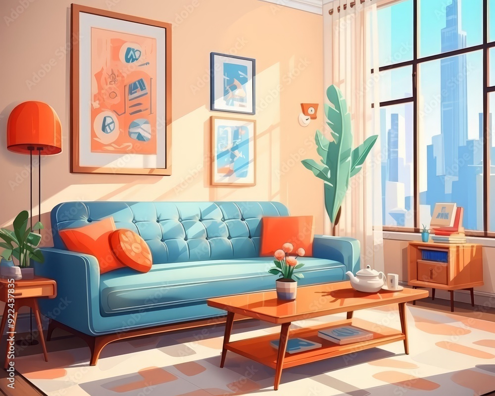 Realistic flat design, side view, cozy home interior theme, cartoon drawing, Splitcomplementary color scheme
