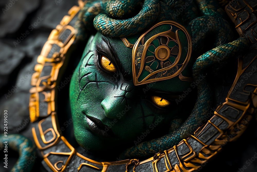 Intricate Medusa Inspired Artwork Featuring A Green Face With Golden