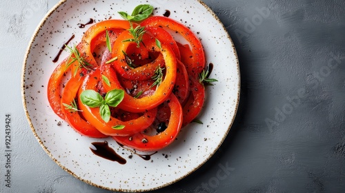 A black plate artistically arranged with juicy tomato slices adorned with fresh herbs and a touch of black pepper, creating a visually stunning culinary presentation. photo