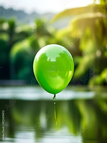 Balloon with ribbon thread floating against a blurred nature background, helium balloon in the air, ballon, globo latex, balaolatex, gubbara image stock photo photo