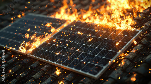 Two solar panels on a rooftop are engulfed in flames, creating a dramatic scene with intense fire and glowing sparks against a dark, evening sky backdrop.