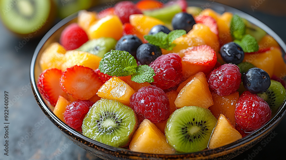 Set of fruits and berries close-up in a wooden saucer on the table Set of fruits and berries close-up in a wooden saucer on the table