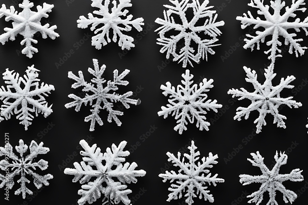 Fototapeta premium Frosty Delight - White Snowflake Patterns on Black Background
