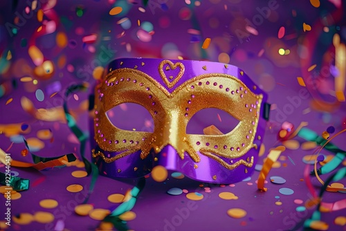 Purple and gold masquerade mask surrounded by confetti.