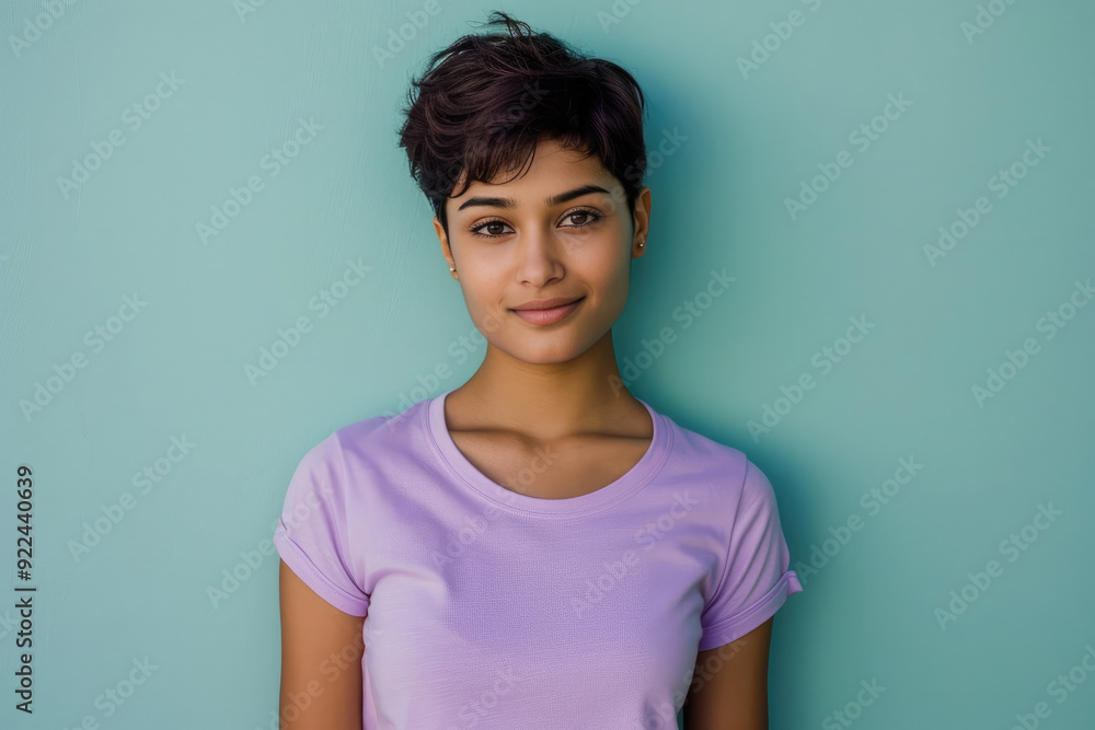 Portrait of a confident young woman with short hair and a purple top against a light blue background Portrait of a confident young woman with short hair and a purple top against a light blue background