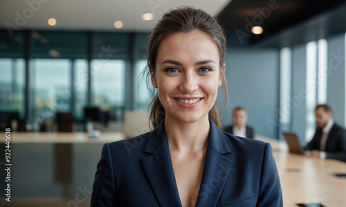 High angle view of a professional woman with a happy smile, standing confidently in a modern office environment with glass walls and tables in the background.