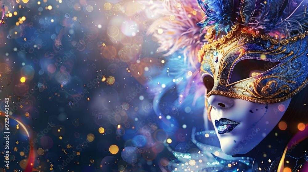 Close-up of a sparkling blue and gold masquerade mask on a dark blue background with bokeh lights. Close-up of a sparkling blue and gold masquerade mask on a dark blue background with bokeh lights.