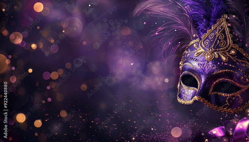 A purple and gold masquerade mask with feathers against a purple bokeh background. A purple and gold masquerade mask with feathers against a purple bokeh background.
