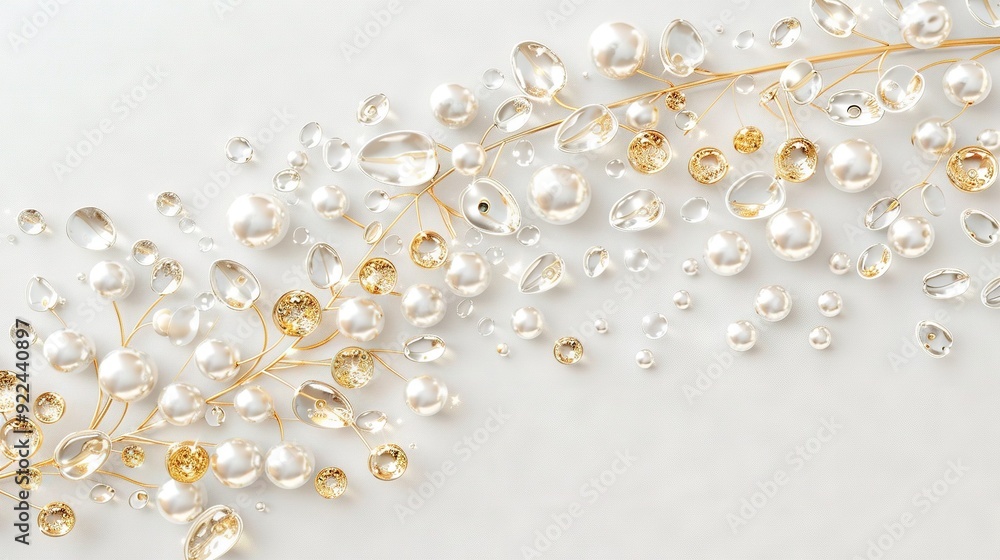 A close-up of pearls on white with gold leaf on the left A close-up of pearls on white with gold leaf on the left
