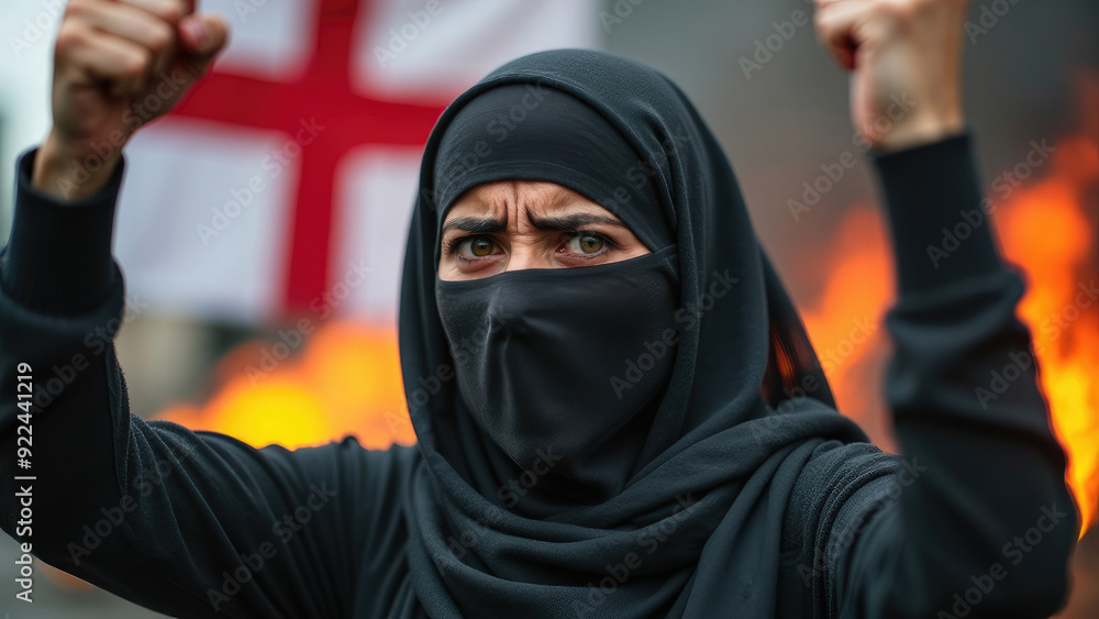 A masked individual stands in front of a fiery backdrop, raising their fists in protest. A flag can be seen flapping in the wind, adding to the charged atmosphere of the demonstration. A masked individual stands in front of a fiery backdrop, raising their fists in protest. A flag can be seen flapping in the wind, adding to the charged atmosphere of the demonstration.