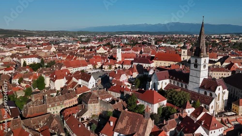 Aerial footage at Sibiu old town on a suny afternoon. photo