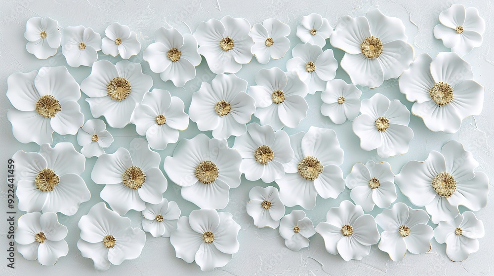 A cluster of white blossoms adorning a white backdrop with a golden focal point A cluster of white blossoms adorning a white backdrop with a golden focal point