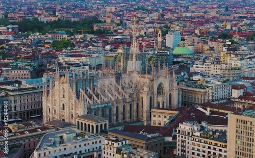Aerial drone video of the city of Milan in Italy with the Duomo in the image