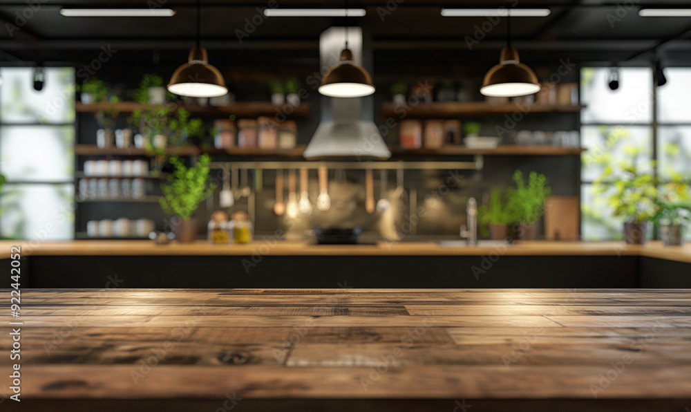 A modern kitchen interior with a wooden countertop in the foreground and a blurred background of kitchen utensils, shelves, and plants A modern kitchen interior with a wooden countertop in the foreground and a blurred background of kitchen utensils, shelves, and plants