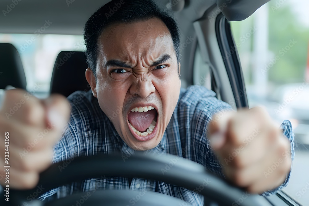 Obraz premium A asian middle aged man inside a car with stressful emotion stuck in a traffic jam.