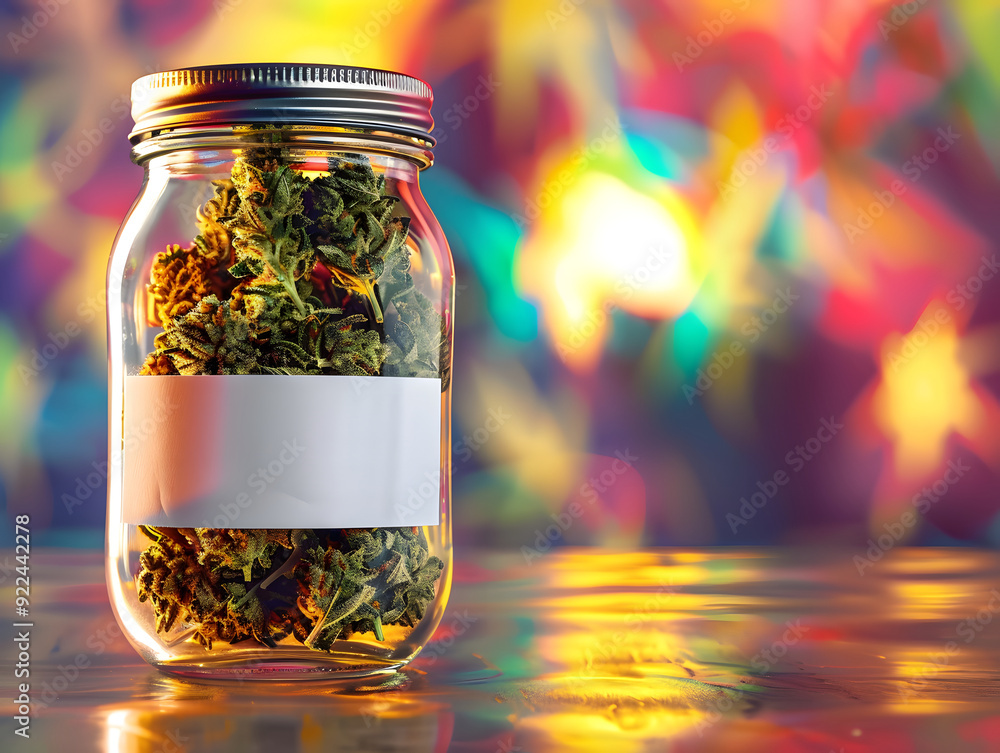 Cannabisblüten in Glasbehälter vor farbigem Hintergrund Cannabisblüten in Glasbehälter vor farbigem Hintergrund