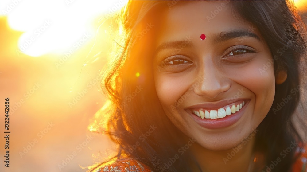Indian Woman Smiling with a Sunset Background: A close-up of an Indian woman smiling, with a beautiful sunset in the background, capturing her natural beauty and serenity. Indian Woman Smiling with a Sunset Background: A close-up of an Indian woman smiling, with a beautiful sunset in the background, capturing her natural beauty and serenity.