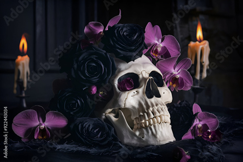 Gothic Floral Skull: Blooming Flowers Adorn Mexican Skeleton Art