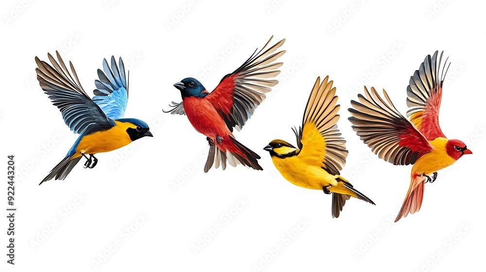 Majestic Flight of Five Birds Sticker on White Background with Detailed Wings in Perspective Majestic Flight of Five Birds Sticker on White Background with Detailed Wings in Perspective